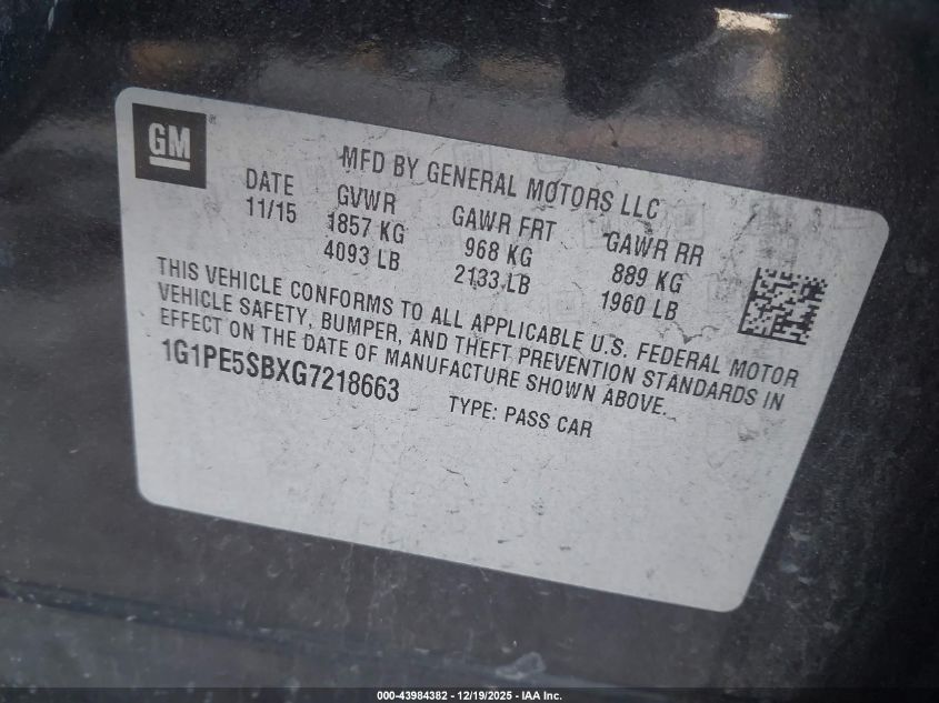 2016 Chevrolet Cruze Limited 1Lt Auto VIN: 1G1PE5SBXG7218663 Lot: 43984382