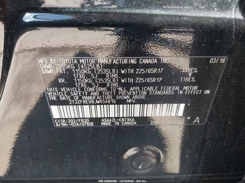 2018 Toyota Rav4 Le VIN: 2T3ZFREV8JW454816 Lot: 43984386