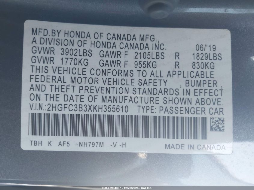 2019 Honda Civic Ex VIN: 2HGFC3B3XKH355610 Lot: 43984387
