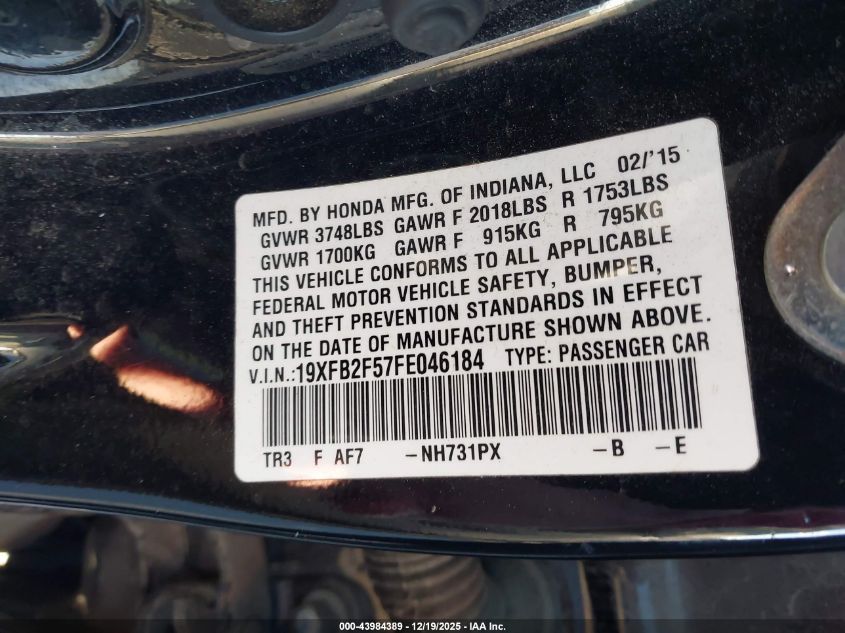 2015 Honda Civic Lx VIN: 19XFB2F57FE046184 Lot: 43984389