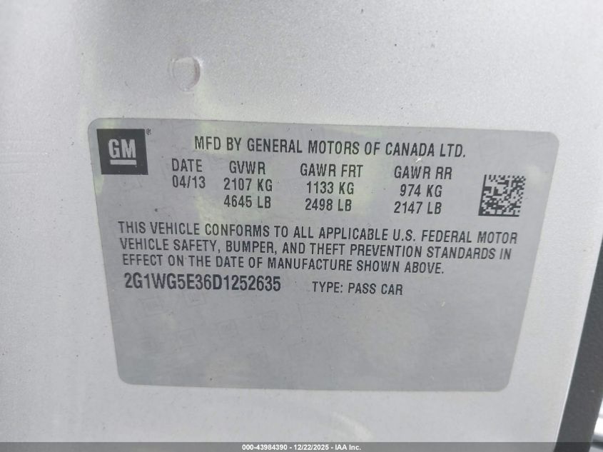 2013 Chevrolet Impala Lt VIN: 2G1WG5E36D1252635 Lot: 43984390