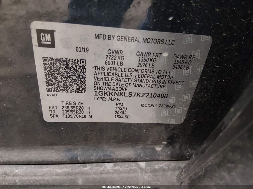 2019 GMC Acadia Denali VIN: 1GKKNXLS7KZ210498 Lot: 43984393
