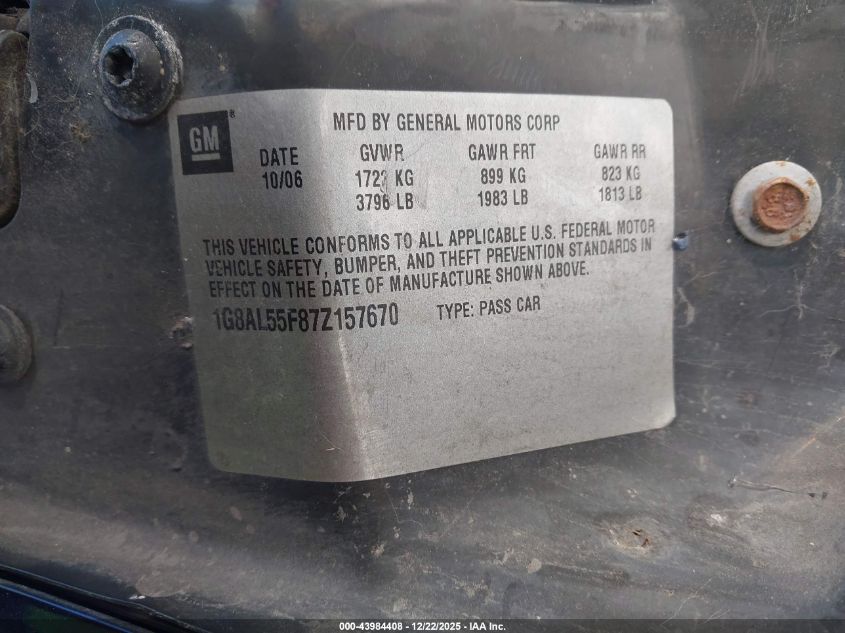 2007 Saturn Ion 3 VIN: 1G8AL55F87Z157670 Lot: 43984408