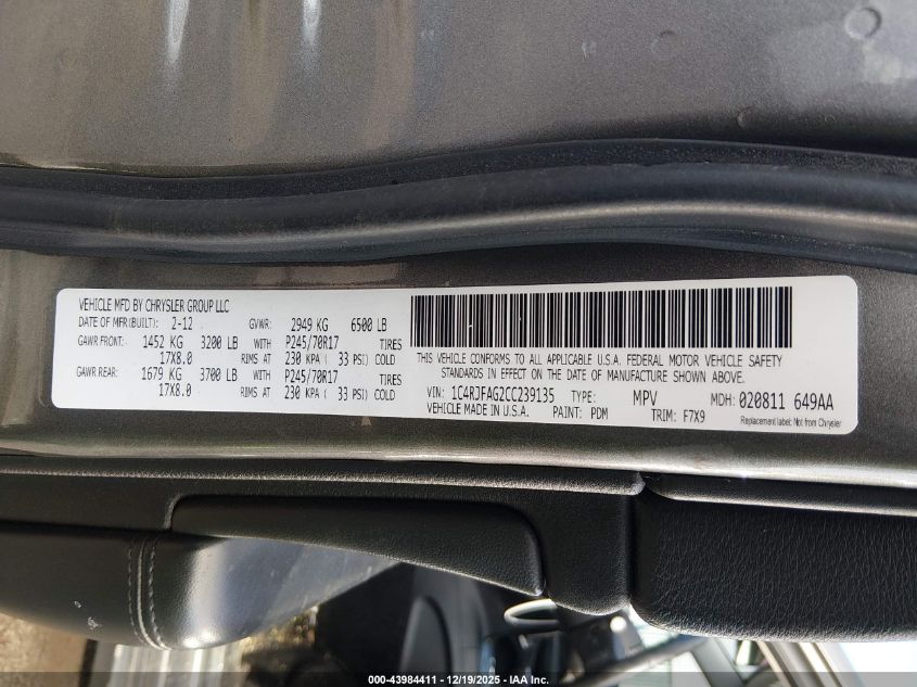 2012 Jeep Grand Cherokee Laredo VIN: 1C4RJFAG2CC239135 Lot: 43984411