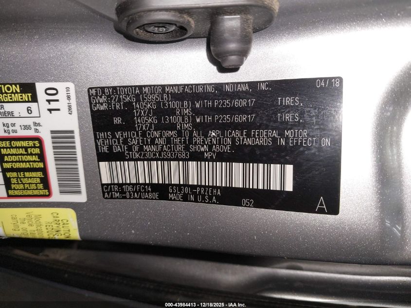 2018 Toyota Sienna Le 8 Passenger VIN: 5TDKZ3DCXJS937683 Lot: 43984413