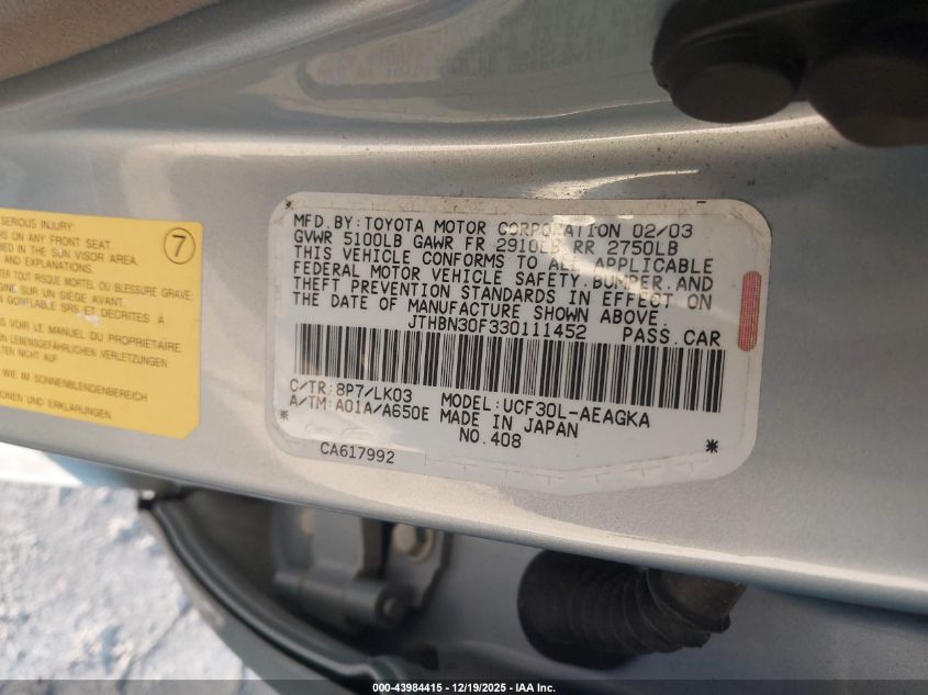 2003 Lexus Ls 430 VIN: JTHBN30F330111452 Lot: 43984415