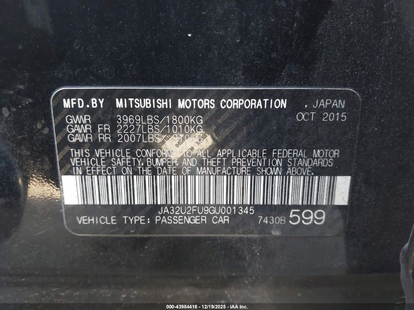 2016 Mitsubishi Lancer VIN: JA32UFU9GU001345 Lot: 43984416