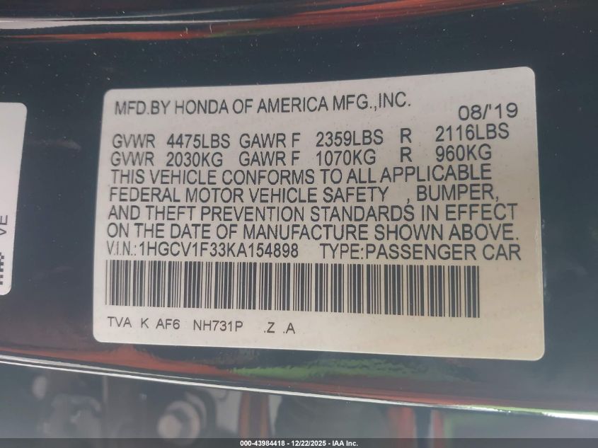 2019 Honda Accord Sport VIN: 1HGCV1F33KA154898 Lot: 43984418