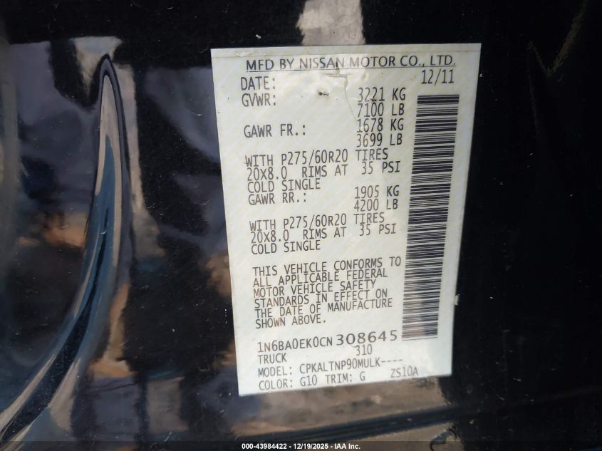 2012 Nissan Titan Sv VIN: 1N6BA0EK0CN308645 Lot: 43984422