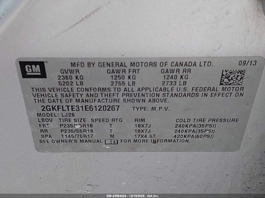 2014 GMC Terrain Slt-2 VIN: 2GKFLTE31E6120267 Lot: 43984424