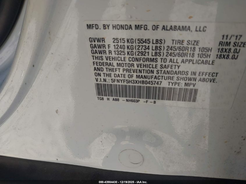 2017 Honda Pilot Ex VIN: 5FNYF5H3XHB045747 Lot: 43984430
