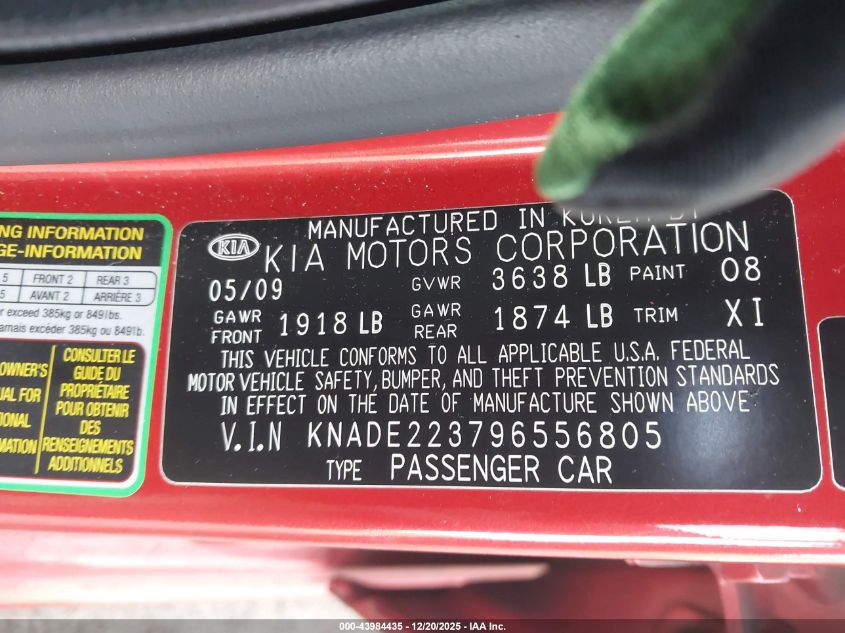 2009 Kia Rio Lx VIN: KNADE223796556805 Lot: 43984435