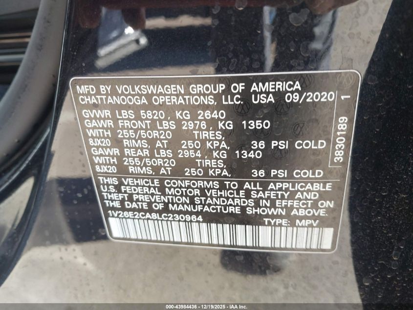 2020 Volkswagen Atlas Cross Sport 3.6L V6 Se W/Technology/3.6L V6 Se W/Technology R-Line VIN: 1V26E2CA8LC230964 Lot: 43984436