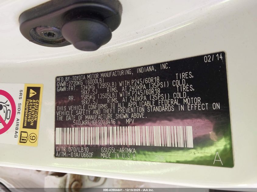 2014 Toyota Highlander Xle V6 VIN: 5TDJKRFH6ES023416 Lot: 43984441