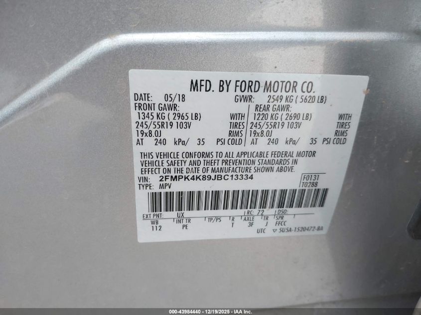 2018 Ford Edge Titanium VIN: 2FMPK4K89JBC13334 Lot: 43984440