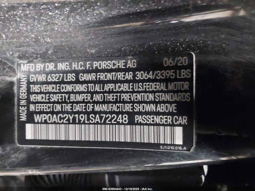 2020 Porsche Taycan Turbo/Turbo S VIN: WP0AC2Y19LSA72248 Lot: 43984443