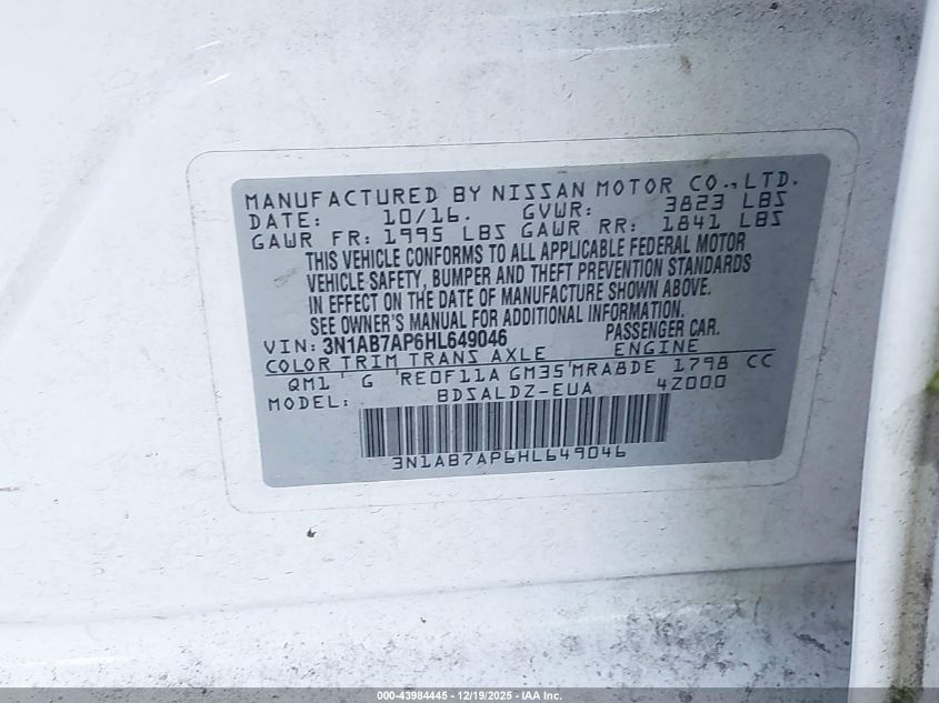 2017 Nissan Sentra Sv VIN: 3N1AB7AP6HL649046 Lot: 43984445