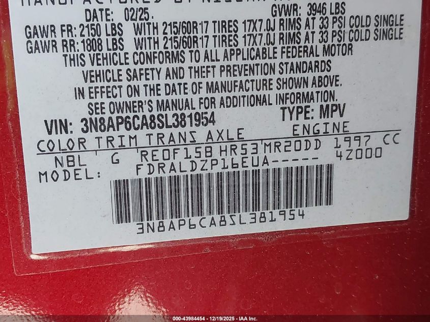 2025 Nissan Kicks Sv Fwd VIN: 3N8AP6CA8SL381954 Lot: 43984454