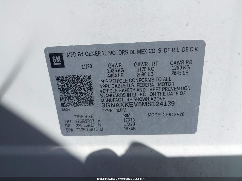 2021 Chevrolet Equinox Fwd Lt VIN: 3GNAXKEV5MS124139 Lot: 43984457