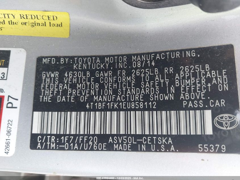 2014 Toyota Camry Se VIN: 4T1BF1FK1EU858112 Lot: 43984460