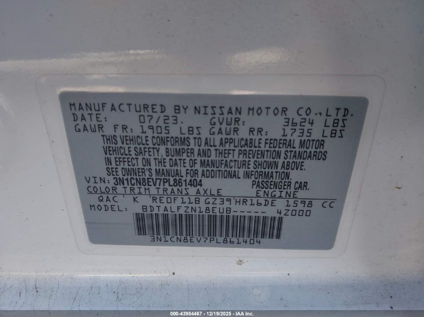 2023 Nissan Versa 1.6 Sv Xtronic Cvt VIN: 3N1CN8EV7PL861404 Lot: 43984467