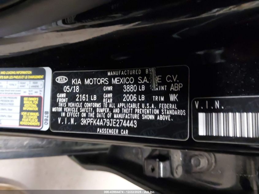 2018 Kia Forte Lx VIN: 3KPFK4A79JE274443 Lot: 43984474