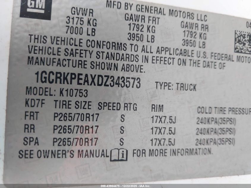 2013 Chevrolet Silverado 1500 Work Truck VIN: 1GCRKPEAXDZ343573 Lot: 43984475