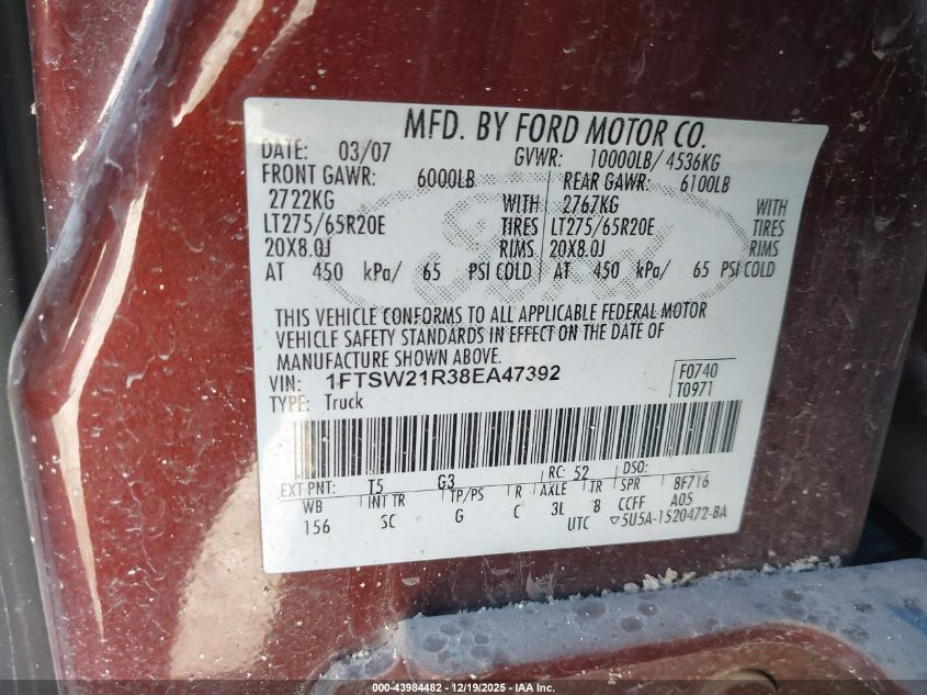 2008 Ford F-250 Fx4/Harley-Davidson/King Ranch/Lariat/Xl/Xlt VIN: 1FTSW21R38EA47392 Lot: 43984482