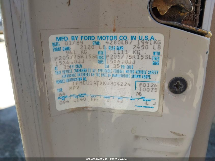 1989 Ford Bronco Ii VIN: 1FMCU14TXKUB04224 Lot: 43984487