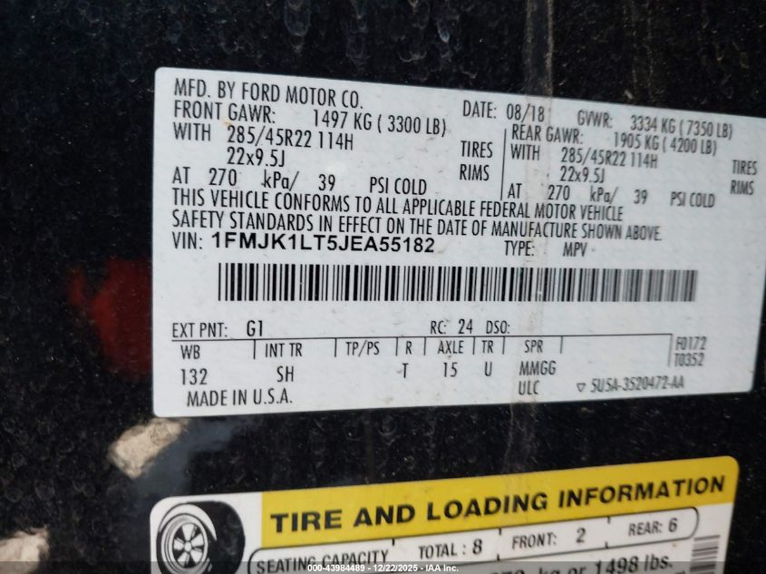 2018 Ford Expedition Max Platinum VIN: 1FMJK1LT5JEA55182 Lot: 43984489