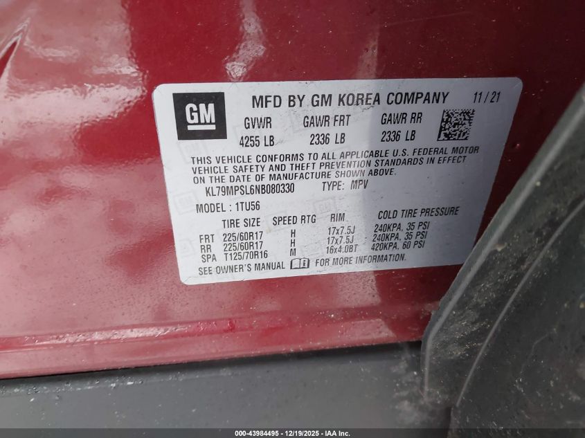 2022 Chevrolet Trailblazer Fwd Lt VIN: KL79MPSL6NB080330 Lot: 43984495