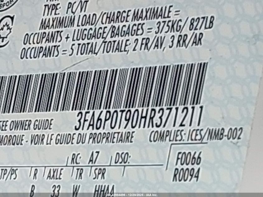 2017 Ford Fusion Se VIN: 3FA6P0T90HR371211 Lot: 43984496