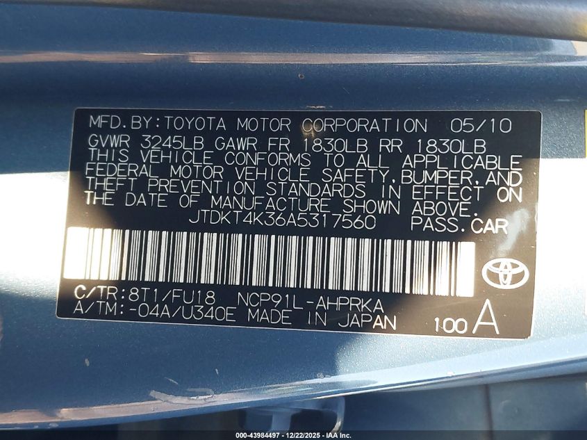 2010 Toyota Yaris VIN: JTDKT4K36A5317560 Lot: 43984497