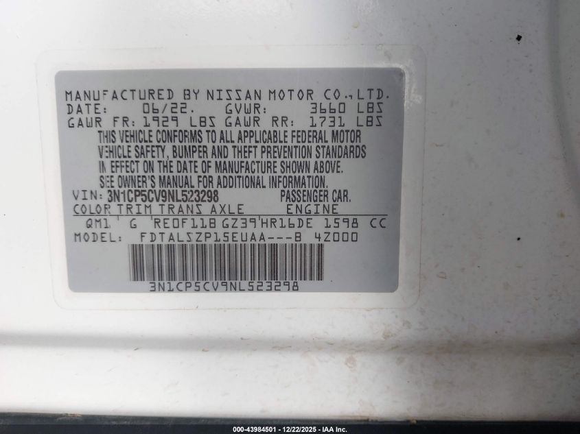 2022 Nissan Kicks Sv Xtronic Cvt VIN: 3N1CP5CV9NL523298 Lot: 43984501