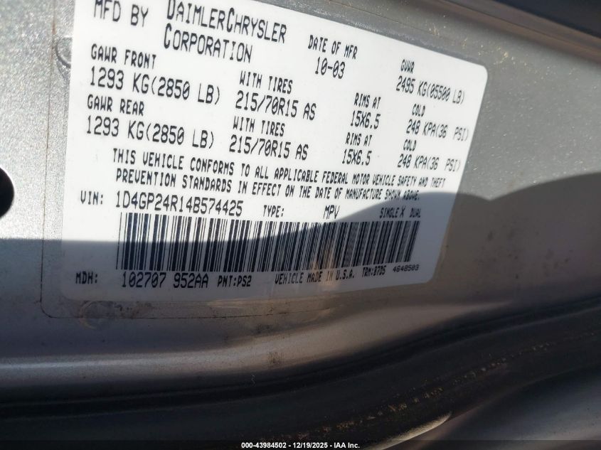 2004 Dodge Grand Caravan Se VIN: 1D4GP24R14B574425 Lot: 43984502