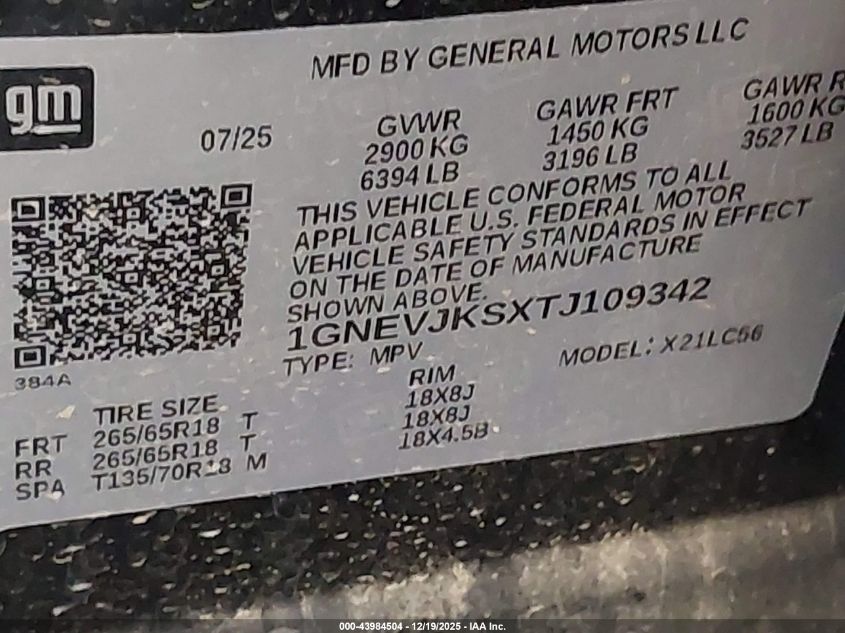 2026 Chevrolet Traverse Awd Z71 VIN: 1GNEVJKSXTJ109342 Lot: 43984504