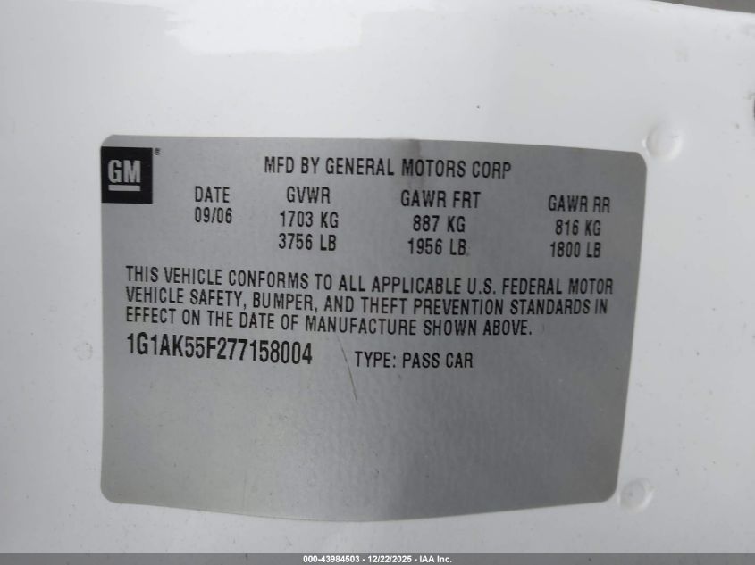 2007 Chevrolet Cobalt Ls VIN: 1G1AK55F277158004 Lot: 43984503