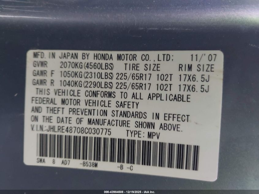 2008 Honda Cr-V Ex-L VIN: JHLRE48708C030775 Lot: 43984508
