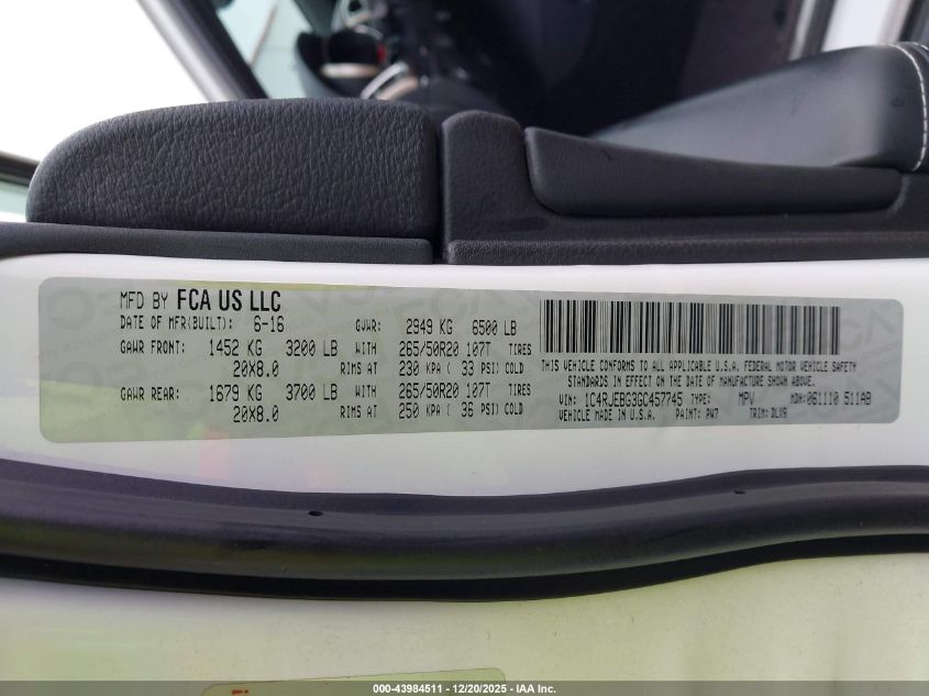 2016 Jeep Grand Cherokee Limited VIN: 1C4RJEBG3GC457745 Lot: 43984511