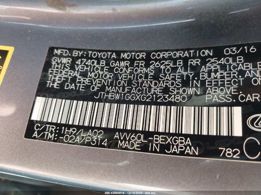 2016 Lexus Es 300H VIN: JTHBW1GGXG2123480 Lot: 43984514