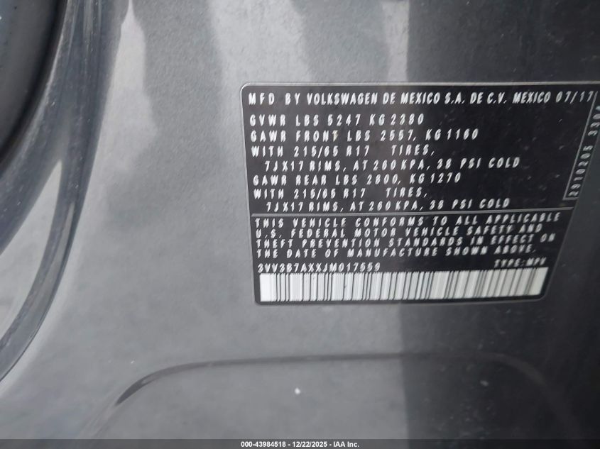 2018 Volkswagen Tiguan 2.0T Se/2.0T Sel VIN: 3VV3B7AXXJM017559 Lot: 43984518