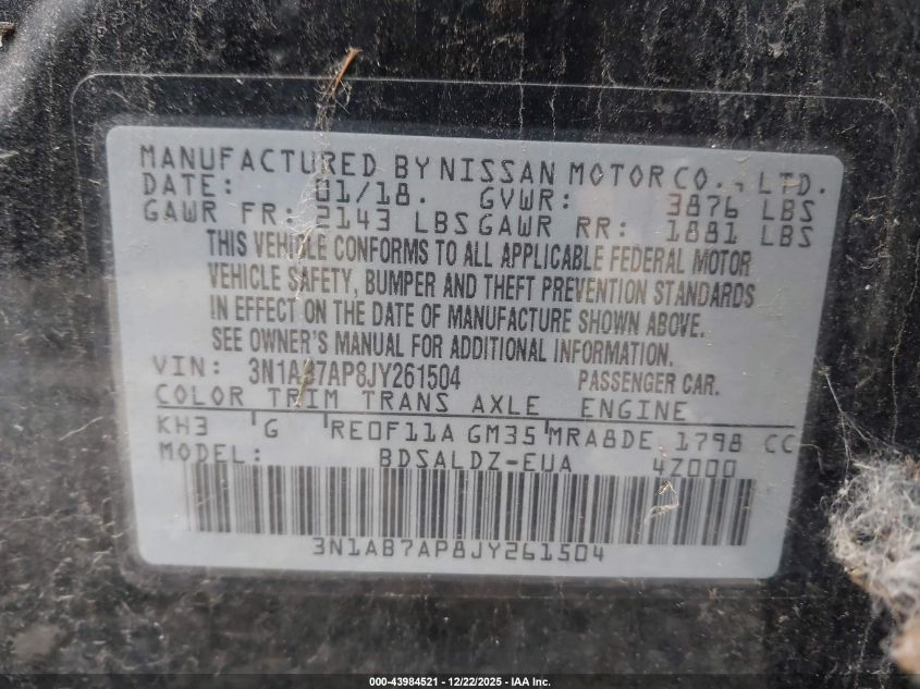 2018 Nissan Sentra Sv VIN: 3N1AB7AP8JY261504 Lot: 43984521