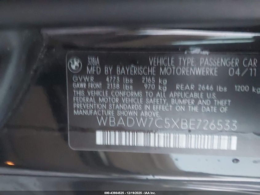 2011 BMW 328I VIN: WBADW7C5XBE726533 Lot: 43984525