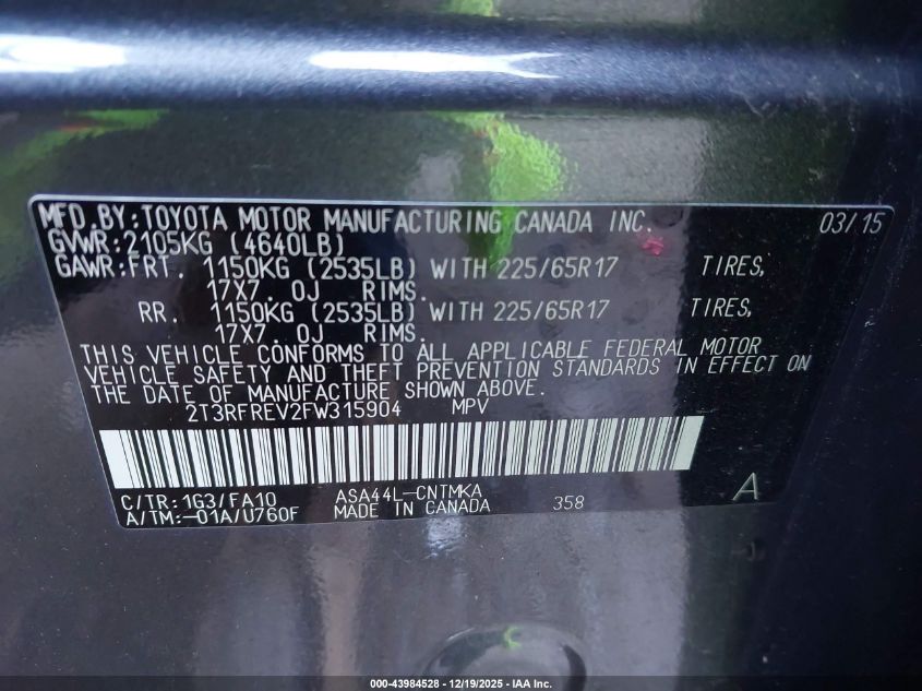 2015 Toyota Rav4 Xle VIN: 2T3RFREV2FW315904 Lot: 43984528