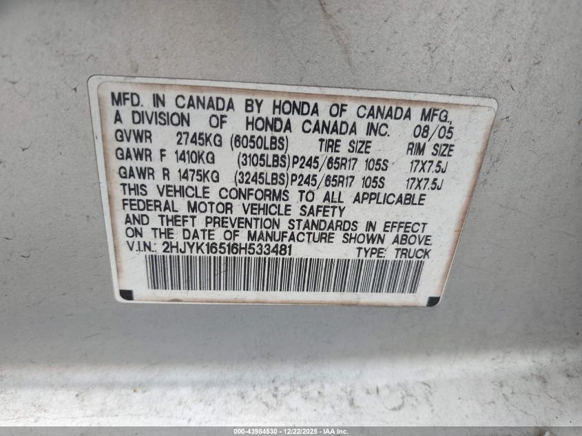 2006 Honda Ridgeline Rtl VIN: 2HJYK16516H533481 Lot: 43984530