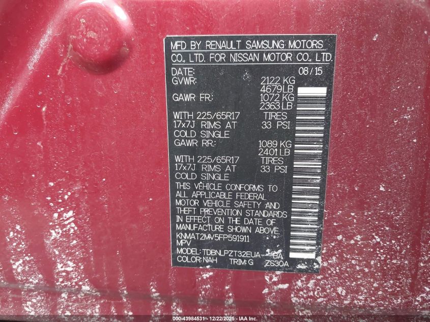 2015 Nissan Rogue S VIN: KNMAT2MV5FP591911 Lot: 43984531