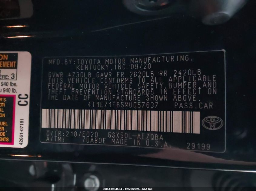 2021 Toyota Avalon Xse Nightshade VIN: 4T1EZ1FB5MU057637 Lot: 43984534