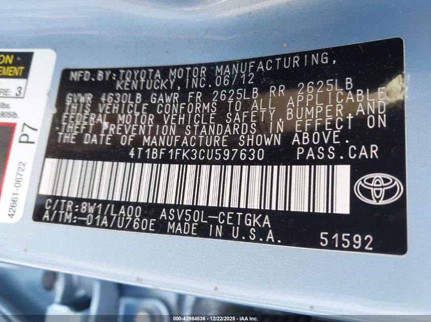 2012 Toyota Camry Xle VIN: 4T1BF1FK3CU597630 Lot: 43984536