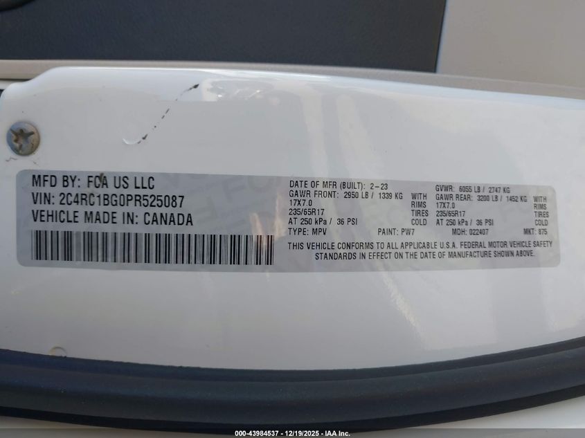 2023 Chrysler Pacifica Touring L VIN: 2C4RC1BG0PR525087 Lot: 43984537