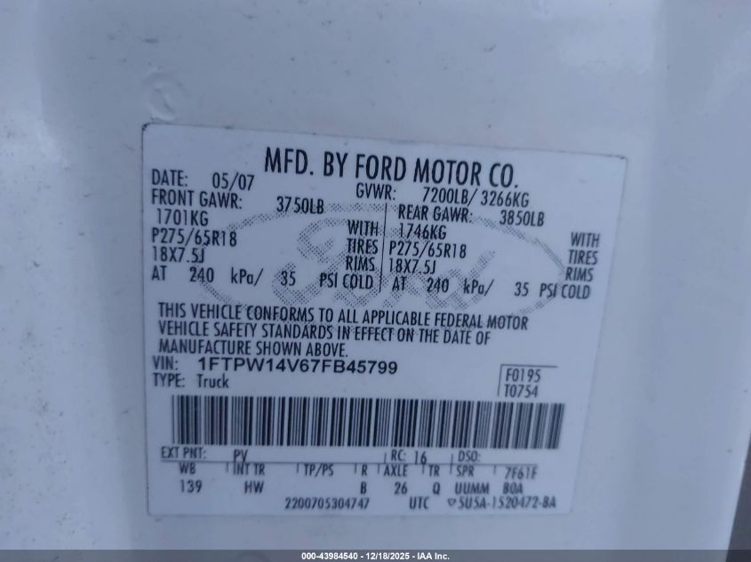 2007 Ford F-150 Fx4/Lariat/Xlt VIN: 1FTPW14V67FB45799 Lot: 43984540